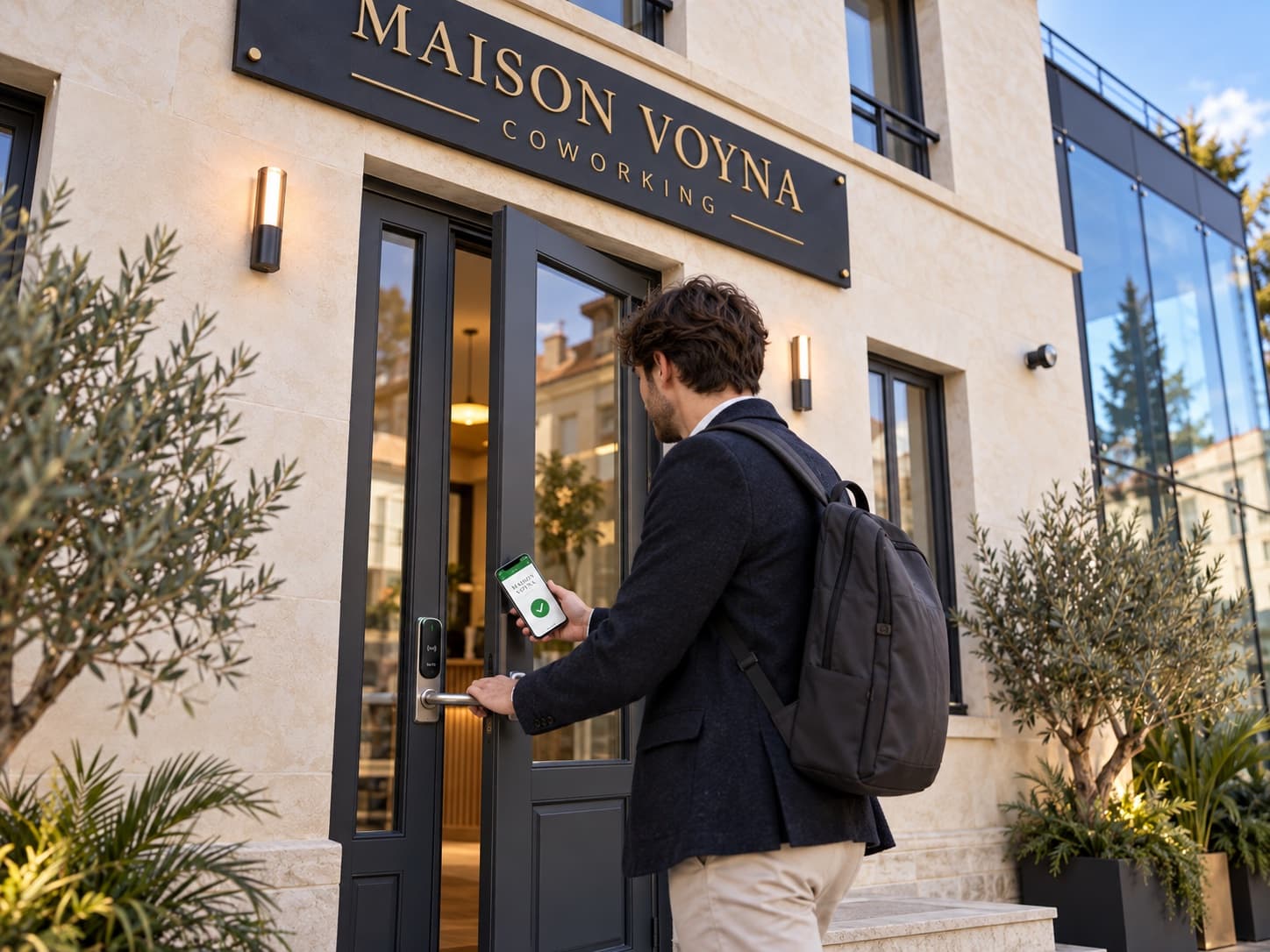 A member opens the front door of Maison Voyna with their phone: the screen shows the access being granted, the contactless reader sits on the door frame, and the gold sign hangs above the door.
