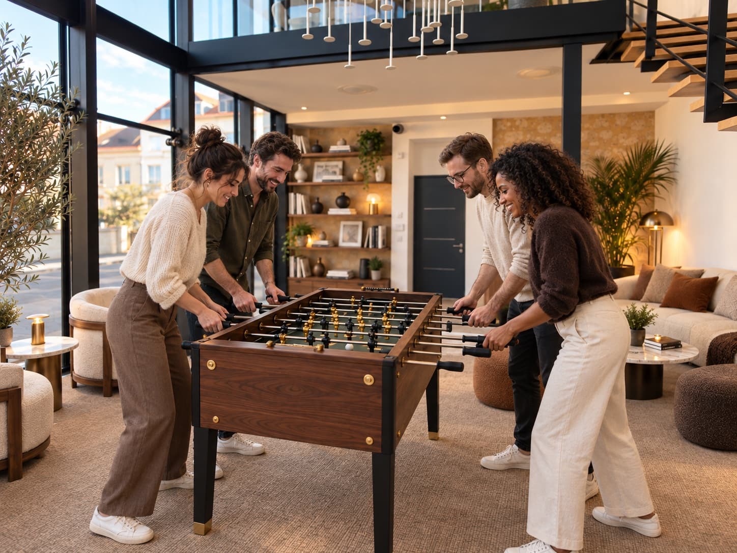 Four Maison Voyna members playing a game on the football table under the glass roof: a walnut table with gilded players, black handles, the disc pendant above and the lounge in the background.