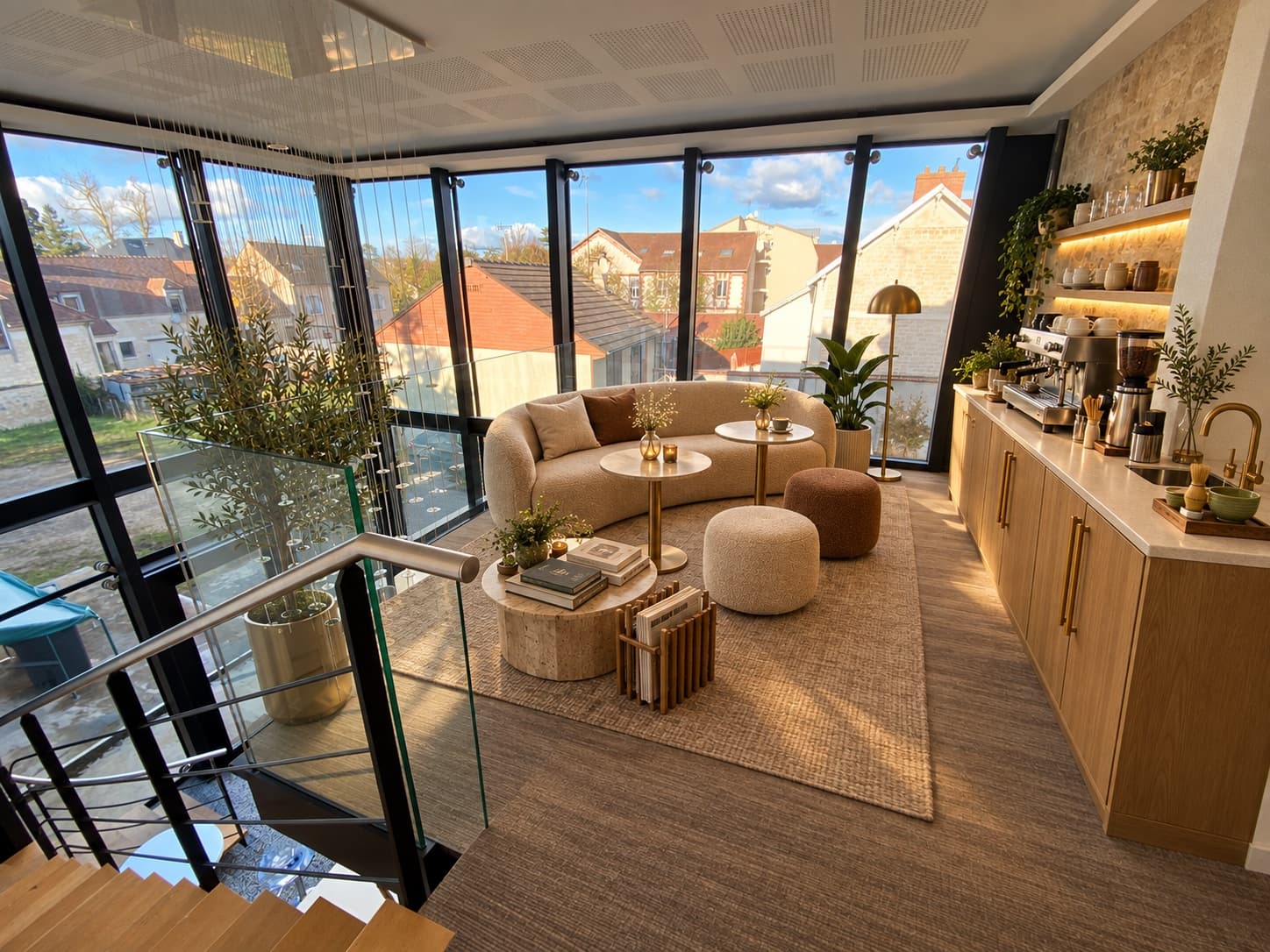 Le bar à café : banquette courbe en bouclette écrue, machine professionnelle et crédence de chêne et laiton devant la verrière.