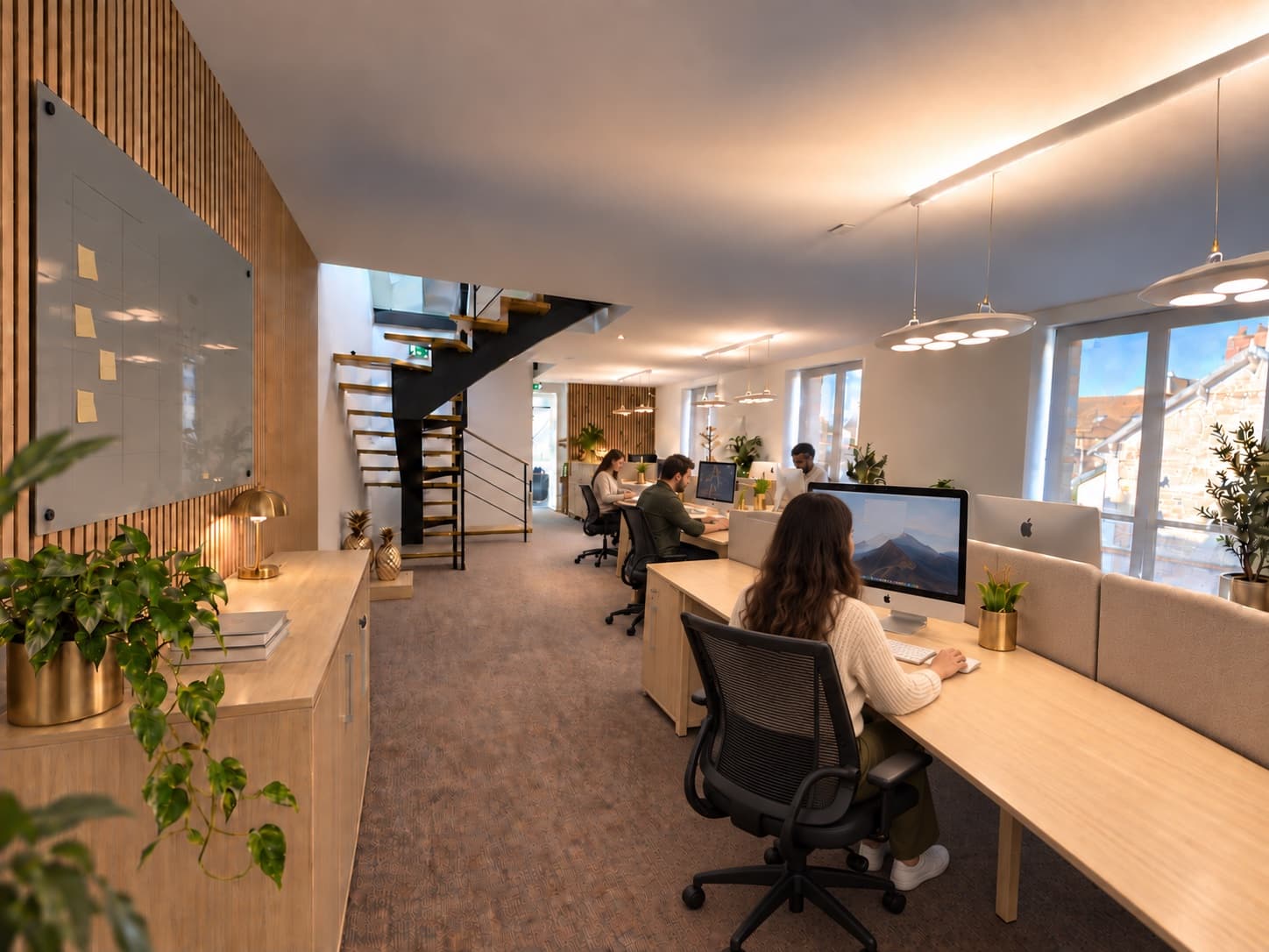 L'espace de travail partagé de Maison Voyna : quatre personnes au travail sur de longs plans de bois clair le long des fenêtres, sous les suspensions, avec l'escalier d'acier noir et un tableau de verre couvert de notes.