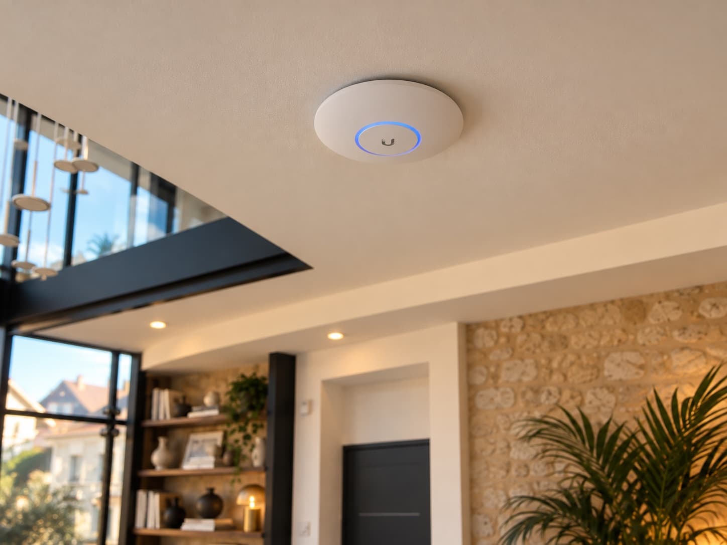 Une borne Wi-Fi ronde encastrée au plafond de Maison Voyna, son anneau lumineux allumé, sous la verrière et près du mur de pierre.