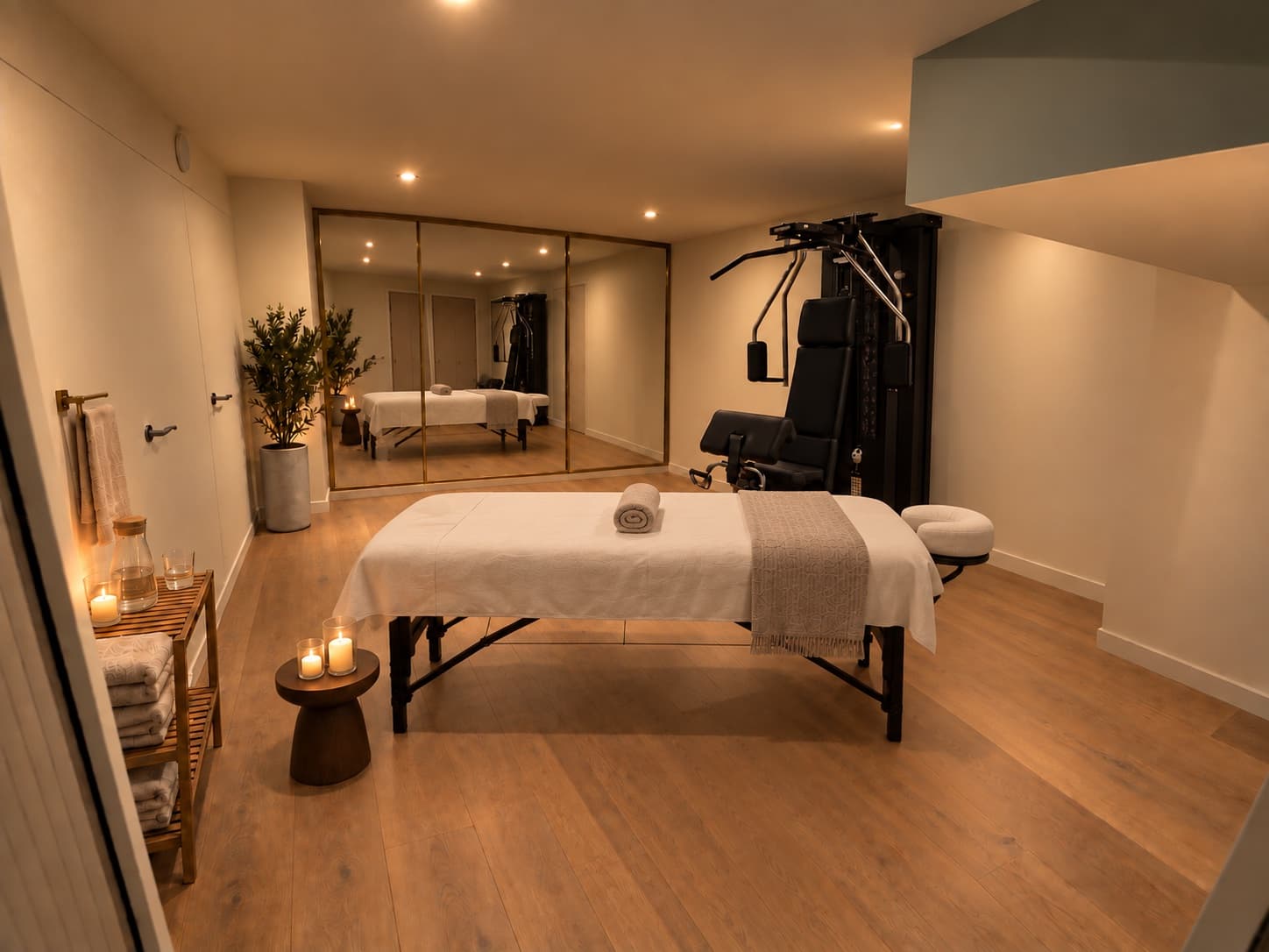 La salle de sport de Maison Voyna réaménagée pour une séance : la table de massage dressée au milieu, les serviettes et les bougies sur l'étagère de chêne, la station de musculation repoussée au fond.