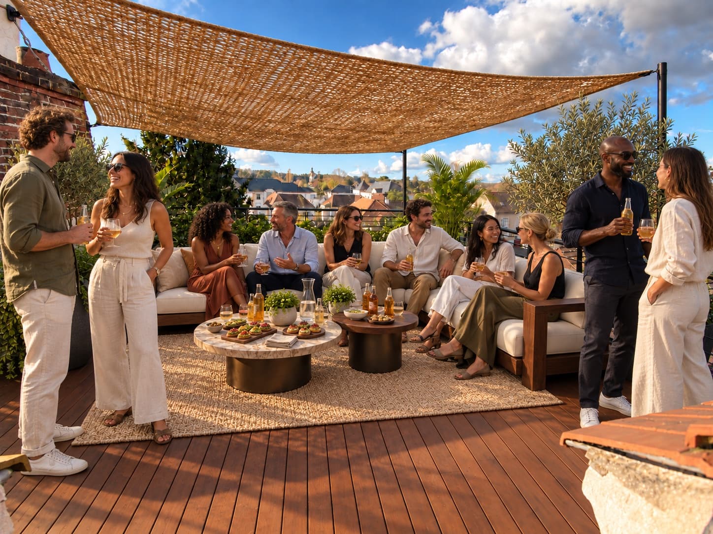 Le rooftop de Maison Voyna un soir d'ouverture : une quinzaine d'invités debout et assis dans les canapés crème sous la toile de coco tendue, un verre à la main, les toits de L'Isle-Adam derrière la rambarde.