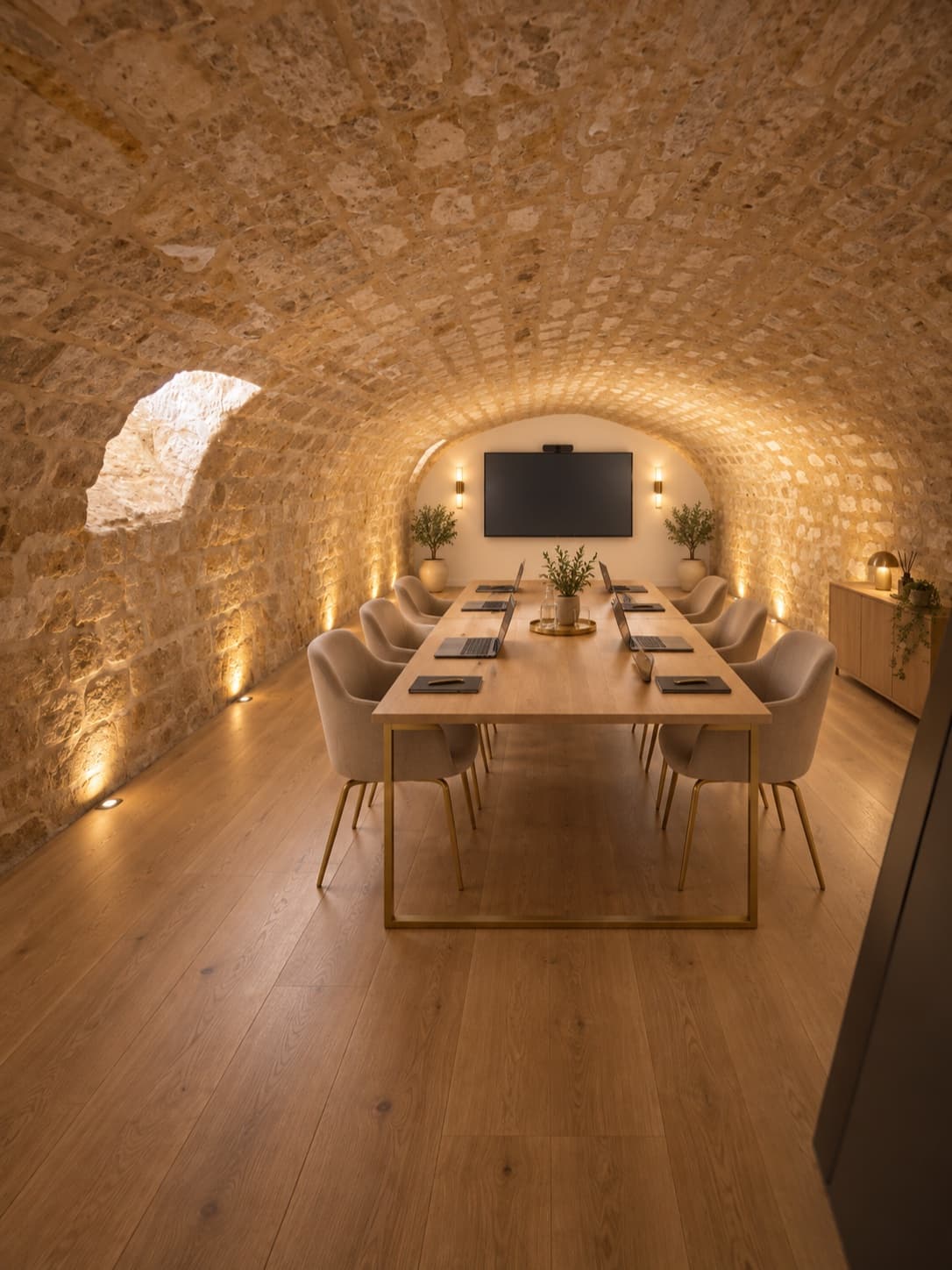 La cave voûtée de Maison Voyna, vide : une voûte en berceau de pierre de taille éclairée en rasant, une longue table de chêne et ses fauteuils crème, un écran au fond.