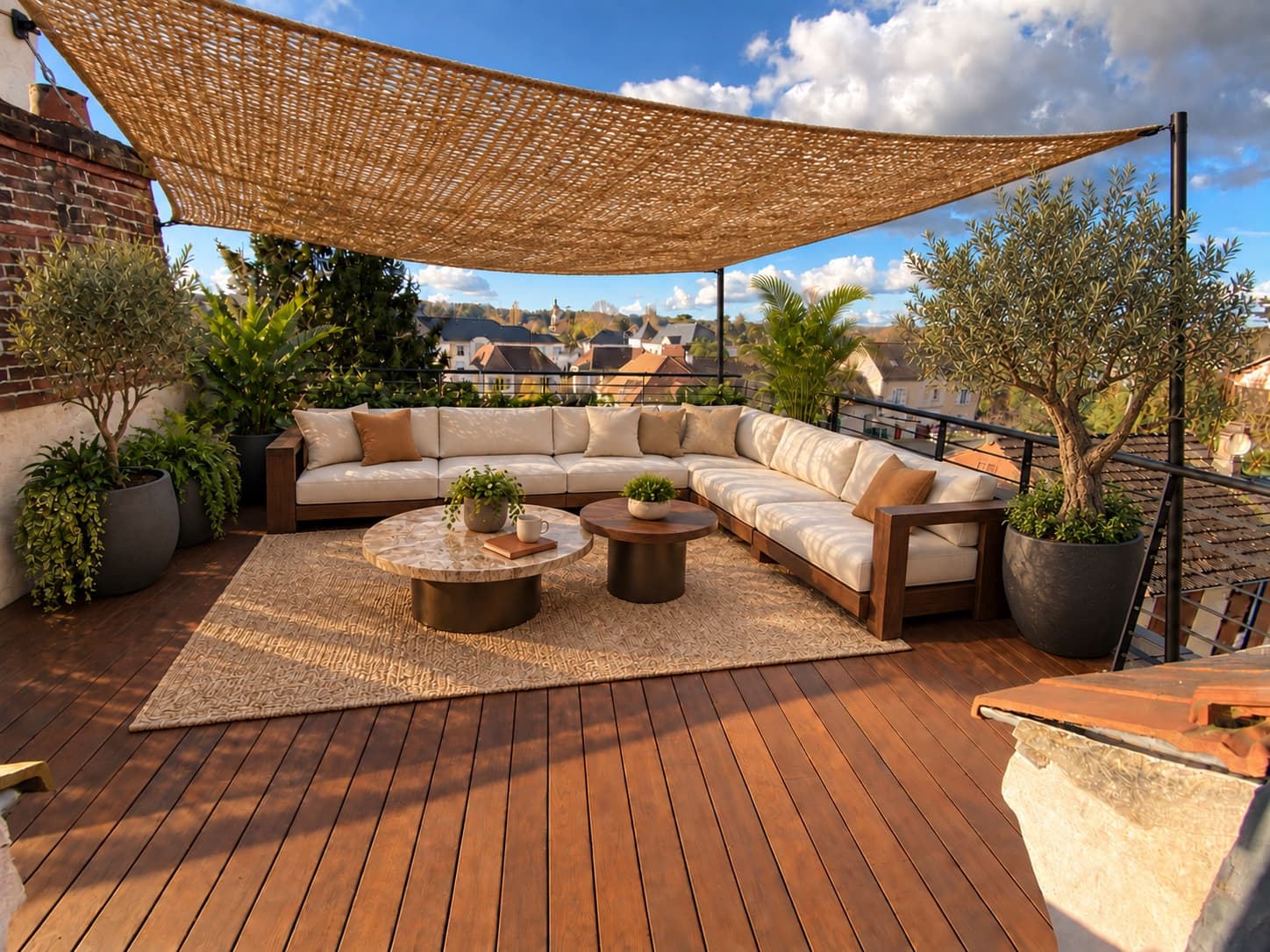 La terrasse de Maison Voyna en fin de journée : une grande toile d'ombrage en fibre de coco au-dessus d'un canapé d'angle crème, un tapis tressé, des oliviers en pots et la vue sur les toits de L'Isle-Adam.