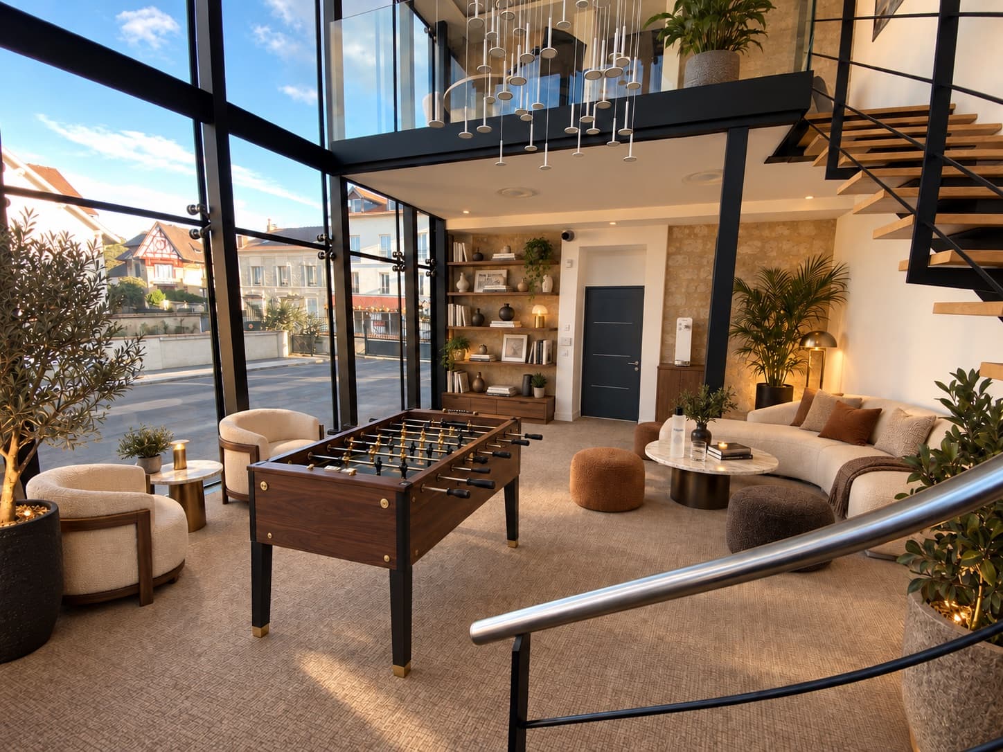 Inside the glass house at Maison Voyna, by day: the walnut and brass football table, the ecru bouclé armchairs, the round lounge at the back, the two-storey disc pendant and the steel and wood staircase.